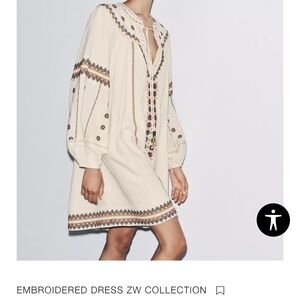 Zara Beige Embroidered Long Sleeve Dress
